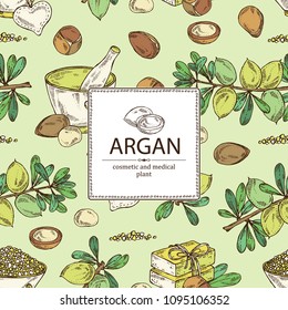 Background with argan: leaves and argan nuts.. Oil, soap and bath salt . Cosmetics and medical plant. Vector hand drawn illustration