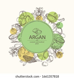 Background with argan: leaves and argan nuts. Oil, soap and bath salt . Cosmetics and medical plant. Vector hand drawn illustration