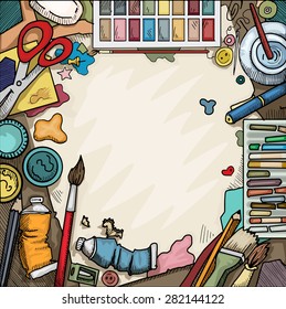 Background, Ariel View Of Arts And Crafts Table With Various Objects Surrounding A Blank Piece Of Paper, Vector Illustration