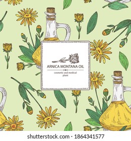 Background With Arnica Montana Flower And Bottle Of Arnica Oil. Vector Hand Drawn Illustration