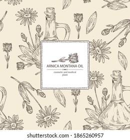 Background With Arnica Montana Flower And Bottle Of Arnica Oil. Vector Hand Drawn Illustration