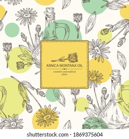 Background With Arnica Montana Flower And Bottle Of Arnica Oil. Vector Hand Drawn Illustration