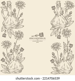 Background With Arnica Montana Flower And Bottle Of Arnica Oil. Vector Hand Drawn Illustration