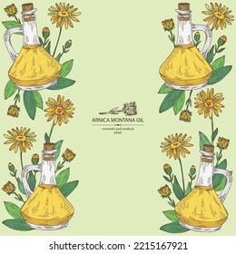 Background With Arnica Montana Flower And Bottle Of Arnica Oil. Vector Hand Drawn Illustration