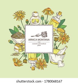 Background with arnica montana, arnica flower and leaves, soap and bath salt . Cosmetic and medical plant. Vector hand drawn illustration. 