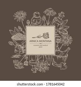 Background with arnica montana, arnica flower and leaves, soap and bath salt . Cosmetic and medical plant. Vector hand drawn illustration. 