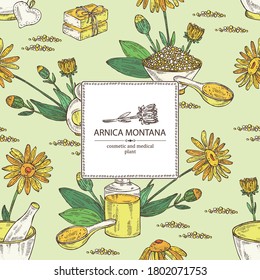 Background with arnica montana, arnica flower and leaves, soap and bath salt . Cosmetic and medical plant. Vector hand drawn illustration. 