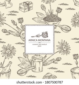 Background with arnica montana, arnica flower and leaves, soap and bath salt . Cosmetic and medical plant. Vector hand drawn illustration. 