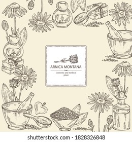 Background with arnica montana, arnica flower and leaves, soap and bath salt . Cosmetic and medical plant. Vector hand drawn illustration. 