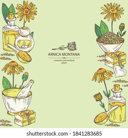 Background with arnica montana, arnica flower and leaves, soap and bath salt . Cosmetic and medical plant. Vector hand drawn illustration. 