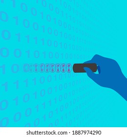 In the background, an array of 0s and 1s is laid out in the image of binary data. Illustration of a hand holding a stamp. The mark stamped in the air melts into the background. Imaginary illustration 