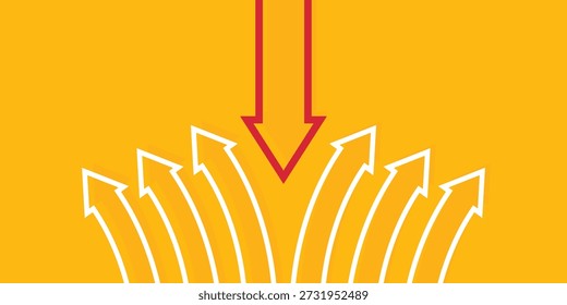 Seta de fundo mostrando a direção da direção oposta ou da corrente. Inovação e ousadia em ser diferente. Modelo de banner