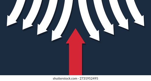 Seta de fundo mostrando a direção da direção oposta ou da corrente. Inovação e ousadia em ser diferente. Modelo de banner