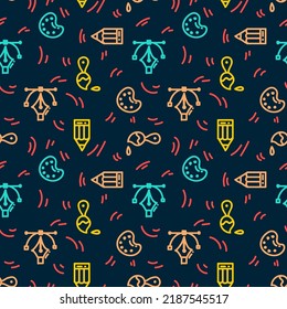 Background of art materials for drawing. A color doodle style pattern for the artist. Tools for creativity watercolor, brushes, easel. Vector illustration