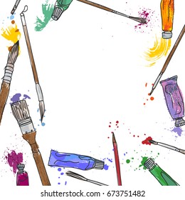 background with art materials, line drawing brushes and paint tubes, hand drawn vector illustration