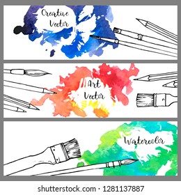 background with art materials and watercolor stains, hand drawn vector illustration