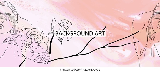 Background art from vector. Luxury minimal style wallpaper with flower, branch, and girl line art. Made of organic shapes and pastel watercolor paint. Usable for banner, poster, website and packaging.