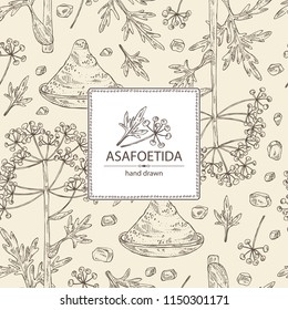 Background with asafoetida: plant, asafoetida powder flowers and asafoetida leaves. Asfedida. Vector hand drawn illustration.