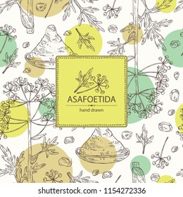 Background with asafoetida: plant, asafoetida powder flowers and asafoetida leaves. Asfedida. Vector hand drawn illustration.