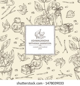 Background with ashwagandha: ashwagandha branch, root, berries, soap and bath salt . Withania somnifera. Cosmetic and medical plant. Vector hand drawn illustration
