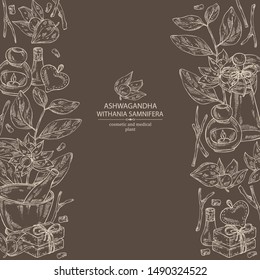 Background with ashwagandha: ashwagandha branch, root, berries, soap and bath salt . Withania somnifera. Cosmetic and medical plant. Vector hand drawn illustration