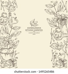 Background with ashwagandha: ashwagandha branch, root, berries, soap and bath salt . Withania somnifera. Cosmetic and medical plant. Vector hand drawn illustration