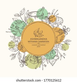 Background with ashwagandha: ashwagandha branch, root, berries, soap and bath salt . Withania somnifera. Cosmetic and medical plant. Vector hand drawn illustration