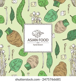 Background with asian food: kombu seaweed, enokitake, spinach, taro root. Asian cuisine. Vector hand drawn illustration.