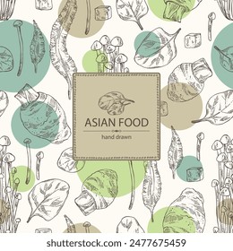 Background with asian food: kombu seaweed, enokitake, spinach, taro root. Asian cuisine. Vector hand drawn illustration.