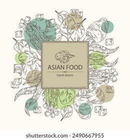 Background with asian food: kombu seaweed, enokitake, spinach, taro root. Asian cuisine. Vector hand drawn illustration.