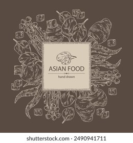 Background with asian food: kombu seaweed, enokitake, spinach, taro root. Asian cuisine. Vector hand drawn illustration.