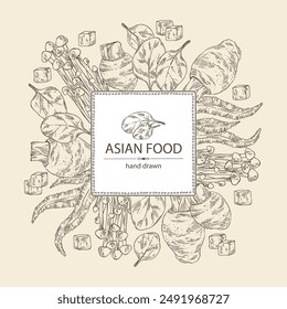 Background with asian food: kombu seaweed, enokitake, spinach, taro root. Asian cuisine. Vector hand drawn illustration.