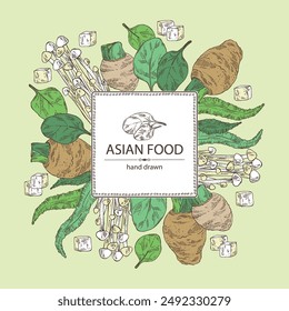 Background with asian food: kombu seaweed, enokitake, spinach, taro root. Asian cuisine. Vector hand drawn illustration.