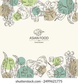 Background with asian food: kombu seaweed, enokitake, spinach, taro root. Asian cuisine. Vector hand drawn illustration.