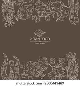 Background with asian food: kombu seaweed, enokitake, spinach, taro root. Asian cuisine. Vector hand drawn illustration.