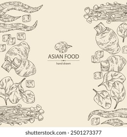 Background with asian food: kombu seaweed, enokitake, spinach, taro root. Asian cuisine. Vector hand drawn illustration.