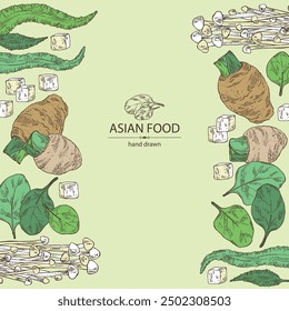 Background with asian food: kombu seaweed, enokitake, spinach, taro root. Asian cuisine. Vector hand drawn illustration.