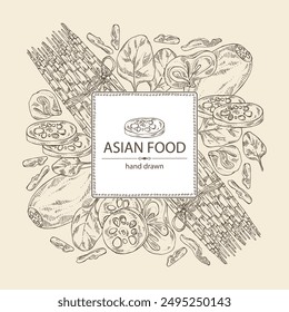 Background with asian food: lotus root, wood ears, muer, bok choy, spinach. Asian cuisine. Vector hand drawn illustration.