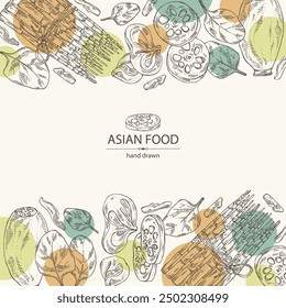 Background with asian food: lotus root, wood ears, muer, bok choy, spinach. Asian cuisine. Vector hand drawn illustration.