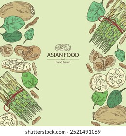 Background with asian food: lotus root, wood ears, muer, bok choy, spinach. Asian cuisine. Vector hand drawn illustration.