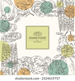 Background with asian food: lotus root, wood ears, muer, bok choy, spinach. Asian cuisine. Vector hand drawn illustration.