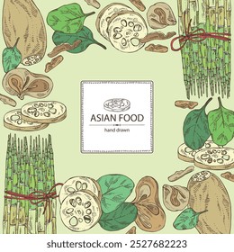 Background with asian food: lotus root, wood ears, muer, bok choy, spinach. Asian cuisine. Vector hand drawn illustration.