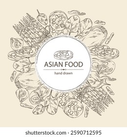 Background with asian food: lotus root, wood ears, muer, bok choy, spinach. Asian cuisine. Vector hand drawn illustration.