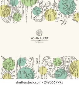 Background with asian food: shiitake, wakame seaweed, bok choy, bamboo shoots. Asian cuisine. Vector hand drawn illustration.