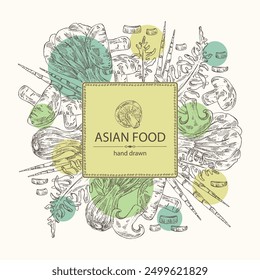 Background with asian food: shiitake, wakame seaweed, bok choy, bamboo shoots. Asian cuisine. Vector hand drawn illustration.