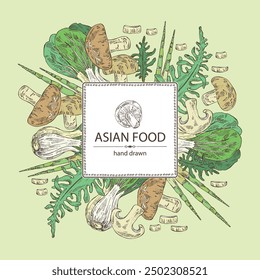 Background with asian food: shiitake, wakame seaweed, bok choy, bamboo shoots. Asian cuisine. Vector hand drawn illustration.