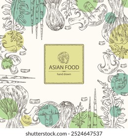Fundo com comida asiática: shiitake, algas marinhas wakame, bok choy, brotos de bambu. Cozinha asiática. Ilustração desenhada à mão vetorial.