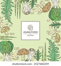 Background with asian food: shiitake, wakame seaweed, bok choy, bamboo shoots. Asian cuisine. Vector hand drawn illustration.