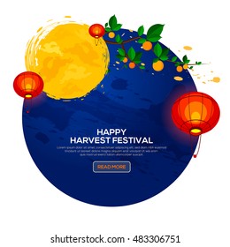 Background for Asian Harvest Mid Autumn Festival with persimmon tree and lantern.