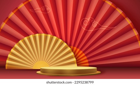 Background in Asian origami style. Paper fans and yellow clouds, golden podium. Studio for cosmetic product display.